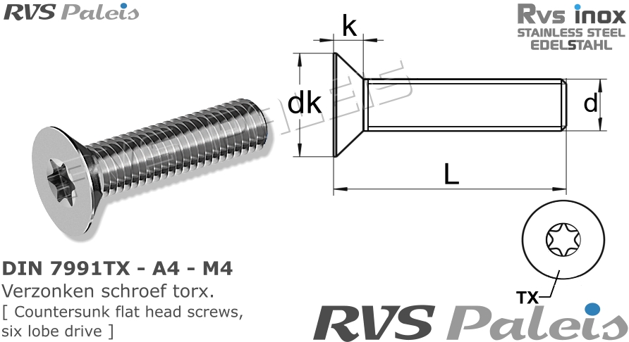RVS Schroef Din 7991tx - A4 - M4