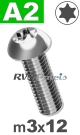 m3x12mm / per stuk - laagbolkopschroef TX A2