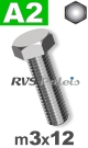m3x12mm / per stuk - zeskanttapbout A2