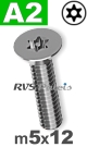 m5x12mm / per stuk - verzonken schroef TX-pin A2