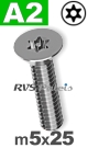 m5x25mm / per stuk - verzonken schroef TX-pin A2