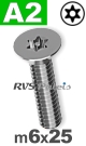 m6x25mm / per stuk - verzonken schroef TX-pin A2