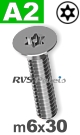 m6x30mm / per stuk - verzonken schroef TX-pin A2