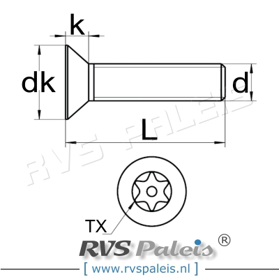 m5x16mm / verp. 100 st. - verzonken schroef TX-pin A2