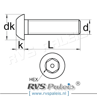 m8x25mm / verp. 100 st. - laagbolkopschroef hex-pin A2