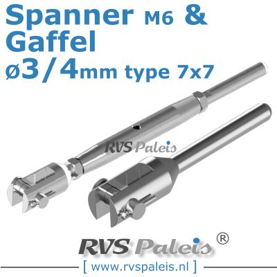Rvs kabel 7x7(3/4mm) met spanner en gaffel