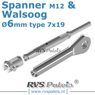 Rvs kabel 7x19(6mm) met spanner en walsoog