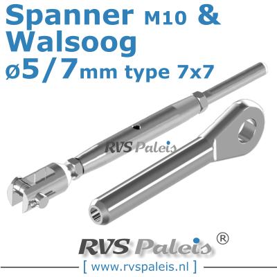 Rvs kabel 7x7(5/7mm) met spanner en walsoog