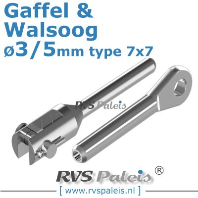 Rvs kabel 7x7(3/5mm) met gaffel en walsoog