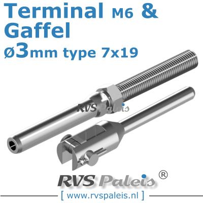 Rvs kabel 7x19(3mm) met terminal en gaffel