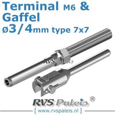 Rvs kabel 7x7(3/4mm) met terminal en gaffel