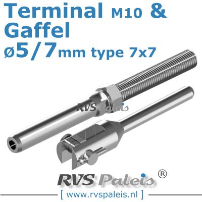 Rvs kabel 7x7(5/7mm) met terminal en gaffel