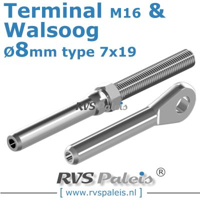 Rvs kabel 7x19(8mm) met terminal en walsoog