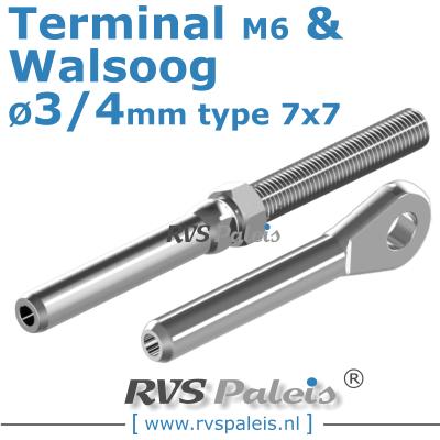 Rvs kabel 7x7(3/4mm) met terminal en walsoog